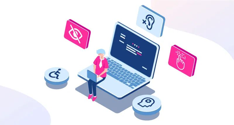 Illustration d'une femme assise sur un ordinateur entourée de logos se référant à l'accessibilité numérique.
