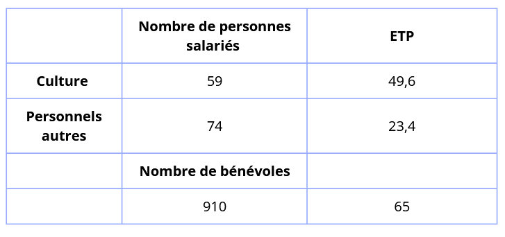 Parmi le personnel des bibliothèques, il y a 59 personnes salariés dans le secteur de la culture dont 49,6 équivalent temps plein. Et 74 personnels autres  dont 23,4 équivalent temps plein.  De plus, il y a  910 bénévoles dont 65 équivalent temps plein.  